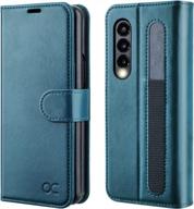 galaxy z fold 3 5g wallet case with s pen holder, pu leather flip folio rfid blocking kickstand phone cover for 2021 - peacock blue logo