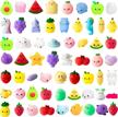 60-piece kawaii mochi squeeze toys set for kids' party favors, stress relief, birthday gifts, treat bags, and classroom prizes - featuring fruit and random animal shapes - by mallmall6 logo