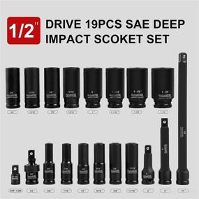 img 2 attached to Meiwaltee 1/2-Inch Drive Deep Master Impact Socket Set, 19PCS SAE 3/8 to 1-1/4-Inch Assortment with 3, 5, and 10-Inch Extension Bar, Cr-MO Steel and Black Phosphate Coating