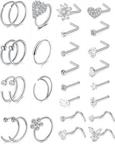 img 4 attached to Hypoallergenic Surgical Stainless Steel Nose Rings Studs, Nostril Nose Piercing Jewelry With Anicina L Bone Screw Shape, Heart Flower Moon Snake Butterfly Designs In 20G 22G Sizes For Women And Men