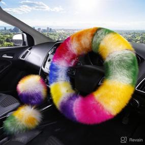 img 4 attached to Multicolor Fuzzy Steering Wheel Cover Car Accessories Universal Fit Car Steering Wheel Gear Shift Cover Handbrake Cover (Colorful)