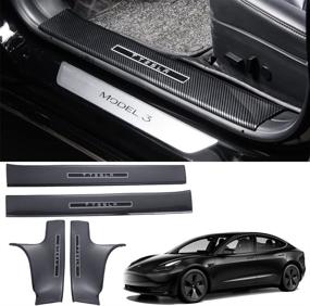 img 4 attached to 🚪 Fatudoz 4PCS Glossy Carbon Fiber Pattern Door Sill Protector ABS for Tesla Model 3 2018-2022, Front Rear Entry Guard Scuff Plate Decoration Accessories