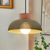 green dome pendant light with wooden accents and perforated metal shade - stylish lighting fixture for kitchen island, dining room, and living room logo