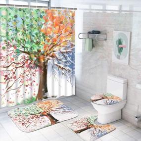 img 4 attached to Watercolor Tree Shower Curtain Set - 4 Piece Colorful Blooming Branches Bathroom Kit With Non-Slip Rug, Toilet Lid Cover, And Bath Mat, Waterproof Design With 12 Hooks Included