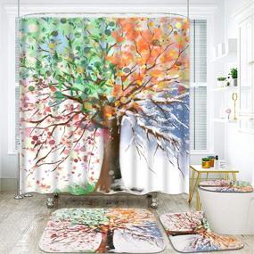 img 2 attached to Watercolor Tree Shower Curtain Set - 4 Piece Colorful Blooming Branches Bathroom Kit With Non-Slip Rug, Toilet Lid Cover, And Bath Mat, Waterproof Design With 12 Hooks Included
