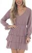 smocked waist tiered mini dress with v-neck, open back and long sleeves for women by minclouse logo