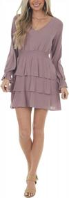 img 1 attached to Smocked Waist Tiered Mini Dress With V-Neck, Open Back And Long Sleeves For Women By Minclouse