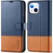 tucch case for iphone 13 wallet case, [rfid blocking] [card slot] stand with [shockproof tpu interior case] pu leather magnetic flip cover compatible with iphone 13 6.1-inch 2021, dark blue & brown logo