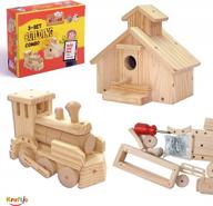woodworking kit for kids and adults: educational diy carpentry construction models - build your own town hall and train toys logo