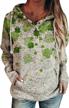 womens st. patrick's day shamrock hoodie sweatshirt with drawstring and buttons - irish clover print long sleeve pullover top by yming logo