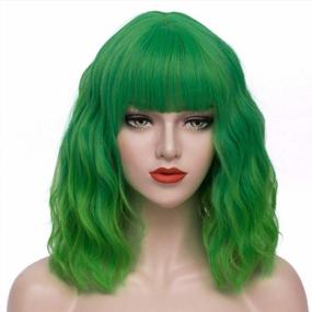 img 4 attached to Stylish Short Green Curly Wavy Bob Hair Wig With Bangs For Women - Perfect For St.Patrick'S Day Party And Halloween Costume - Soft And Natural-Looking Mersi Green Wig S046GR