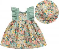 bohemia princess beach sundress set: floral a-line dress with ruffled sleeves, matching hat, and mini length for infant baby girls logo