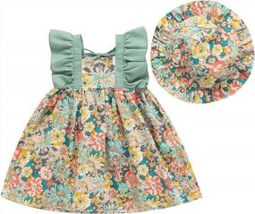 img 4 attached to Bohemia Princess Beach Sundress Set: Floral A-Line Dress With Ruffled Sleeves, Matching Hat, And Mini Length For Infant Baby Girls