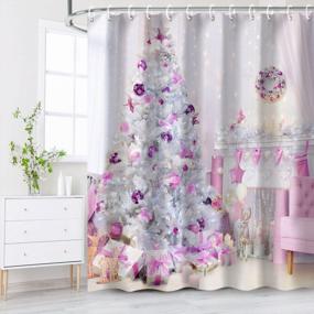 img 4 attached to LIVILAN Christmas Shower Curtain, Xmas Shower Curtains, Waterproof Christmas Fireplace Shower Curtain Set, Merry Christmas Tree Shower Curtain, Pink Purple Christmas, 72''W X 72''H