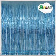 2 pack light blue foil fringe curtains 8ft backdrop decorations for ocean, baby shark, frozen theme birthday party supplies. logo