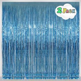 img 4 attached to 2 Pack Light Blue Foil Fringe Curtains 8Ft Backdrop Decorations For Ocean, Baby Shark, Frozen Theme Birthday Party Supplies.