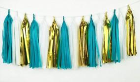 img 1 attached to 🎉 Furuix Teal Gold Birthday Party Decorations for Women - Happy Birthday Banner, White Teal Gold Tissue Pom Pom, Paper Lanterns, Tassel Garland - Ideal Birthday Party Supplies