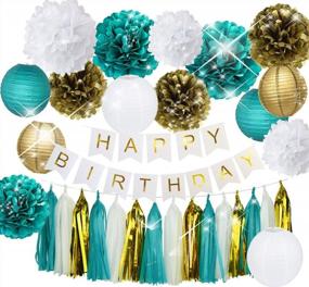 img 3 attached to 🎉 Furuix Teal Gold Birthday Party Decorations for Women - Happy Birthday Banner, White Teal Gold Tissue Pom Pom, Paper Lanterns, Tassel Garland - Ideal Birthday Party Supplies