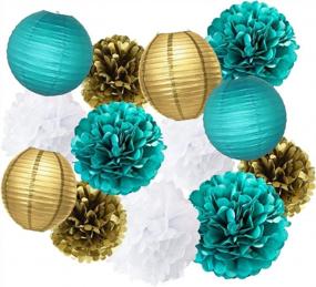 img 2 attached to 🎉 Furuix Teal Gold Birthday Party Decorations for Women - Happy Birthday Banner, White Teal Gold Tissue Pom Pom, Paper Lanterns, Tassel Garland - Ideal Birthday Party Supplies