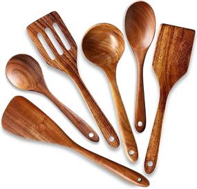 img 4 attached to 6-Piece Wooden Kitchen Utensil Set - Spoons, Slotted Spoon, Ladle, Turner, Non Stick Wood Spatula For Cooking And Serving Soup