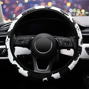 img 3 attached to 🐮 Universal 15 Inch Anti-Slip Cow Print Steering Wheel Cover in Black and White - ZHOL Stretch Microfiber Leather Steering Wheel Cover for Women and Men