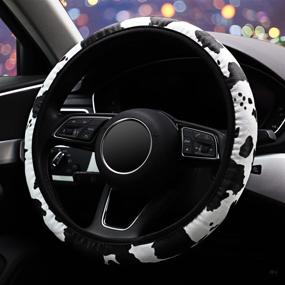 img 2 attached to 🐮 Universal 15 Inch Anti-Slip Cow Print Steering Wheel Cover in Black and White - ZHOL Stretch Microfiber Leather Steering Wheel Cover for Women and Men