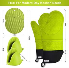 img 3 attached to Extra Long Silicone Oven Mitts And Pot Holders Set - Heat Resistant Quilted Liner With Mini Mittens For Kitchen, Baking, Grill & BBQ - Green (6 Pack)
