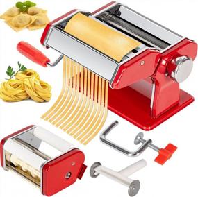 img 4 attached to CHEFLY Pasta & Ravioli Maker Set All-In-One - 9 Thickness Settings For Fresh Homemade Lasagne Fettuccine Spaghetti Dough Roller Press Cutter Noodle Making Machine Red P1802-R