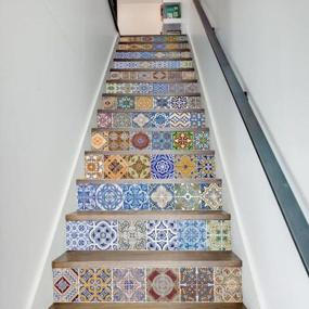 img 2 attached to TUOKING 13 Strips Removable Stair Decals, Peel And Stick Vinyl Staircase Stickers, 39.37" L X 7.08" W For 13 Steps, Ceramic Tiles Pattern