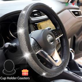 img 2 attached to Andalus Diamond Microfiber Leather Car Steering Wheel Cover - Includes 2Pcs Bling Cup Holder Coasters Gift - Universal 15 Inch - Bling Crystal Rhinestone - (Black With Black &Amp