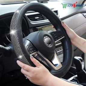 img 3 attached to Andalus Diamond Microfiber Leather Car Steering Wheel Cover - Includes 2Pcs Bling Cup Holder Coasters Gift - Universal 15 Inch - Bling Crystal Rhinestone - (Black With Black &Amp