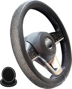 img 4 attached to Andalus Diamond Microfiber Leather Car Steering Wheel Cover - Includes 2Pcs Bling Cup Holder Coasters Gift - Universal 15 Inch - Bling Crystal Rhinestone - (Black With Black &Amp
