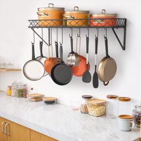 img 2 attached to Bextsrack Hanging Pot Rack, Wall Mounted Pot And Pan Organizer Multipurpose Pots Holder Kitchen Storage Shelf With 10 Hooks, Ideal For Pans Set, Utensils, Cookware, Books, Household, Black