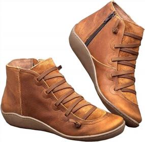 img 1 attached to Vintage Style Ankle Boots For Women: Lace-Up With Side Zip, Flat Heels, Arch Support, And Brown Color - Size 40