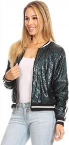 img 2 attached to Sparkling Front-Zip Track Stripe Sequin Bomber Jacket For Women By Anna-Kaci