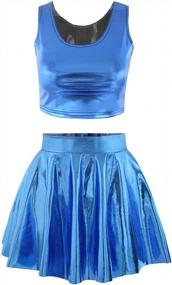 img 4 attached to Girls RoyalBlue PU Leather Shiny Crop Tank Top Pleated Skater Skirt Set