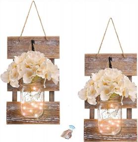 img 4 attached to Rustic Brown Mason Jar Sconces - LED Strip Lights, 6-Hour Timer, Silk Hydrangea & Iron Hooks For Home Decor