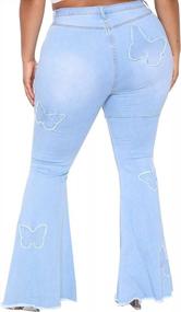 img 3 attached to Расклешенные джинсовые брюки больших размеров с эластичной резинкой на талии для женщин - HannahZone Рваные расклешенные джинсы размера 5XL