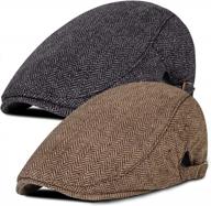 men's herringbone tweed wool blend newsboy flat ivy cabbie driving cap (2 pack) logo