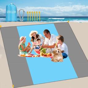 img 4 attached to Beach Blanket Sand Proof Oversized - Extra Large Sand Free Beach Blankets/Big Mat Waterproof For Family Outdoor Travel With 6 Stakes, 4 Corner 1 Pocket (Blue+Grey, L(108*85.2 Inch))