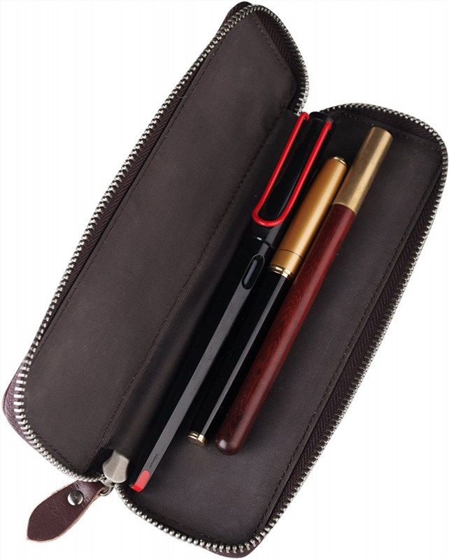 Ancicraft Pencil Case Leather Classic Black Pouch Fountain Pen Holder with Zipper for Men Women