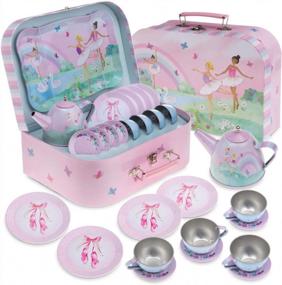 img 4 attached to Jewelkeeper Ballerina Pretend Tea Set - 15 Piece Girls Toy Tin With Carrying Case
