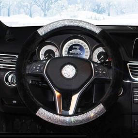 img 3 attached to 🖤 Black Diamond Plush Steering Wheel Cover with Sparkling Rhinestones, Universal 15-inch Soft Steering Wheel Covers for Women Men, Anti-Slip, Fluffy