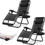 folding recliner beach camping chair with cup holder and head rest (2 pack), 350 lbs capacity, portable patio lawn zero gravity lounge chairs with foot rest cushion (black) logo