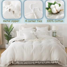 img 1 attached to Queen Cotton Waffle Weave Duvet Cover Set - Boho Reversible Knit Tassel Textured White Comforter Cover Farmhouse Soft Breathable All Season