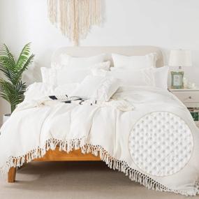 img 4 attached to Queen Cotton Waffle Weave Duvet Cover Set - Boho Reversible Knit Tassel Textured White Comforter Cover Farmhouse Soft Breathable All Season