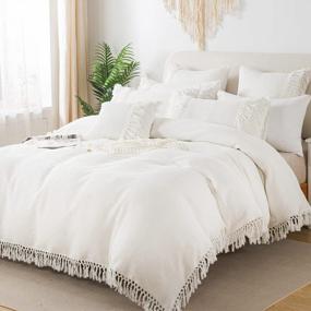 img 2 attached to Queen Cotton Waffle Weave Duvet Cover Set - Boho Reversible Knit Tassel Textured White Comforter Cover Farmhouse Soft Breathable All Season