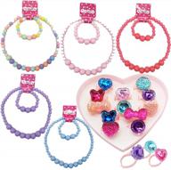 idoxe baby girl's 17-piece value set: chunky bubblegum beaded necklace, bracelet, cartoon animal, flower & fruit rings in sparkling jewelry box - perfect for parties & playtime! logo