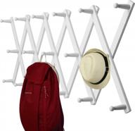 expandable wooden accordian wall hanger with 17 peg hooks for coats, hats and caps - white coat rack and hat rack for wall - improved seo logo
