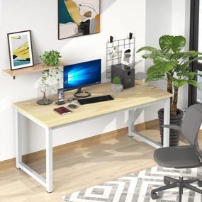 img 2 attached to Modern Oak+White Computer Desk With Thick Tabletop For Home Office, Writing, And Gaming - NSdirect 63 Workstation With Sturdy Steel Legs And Stylish Finish